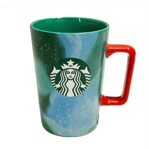 2024 STARBUCKS Ceramic Coffee Mug - 13oz - Holiday‎ Blue Green with Red Handle
